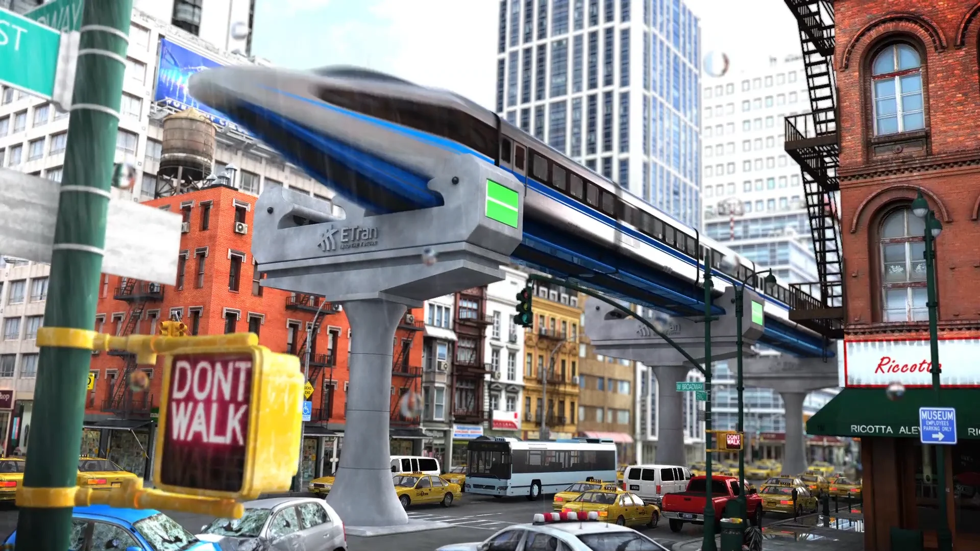 Concept rendering of an elevated ETran vehicle traveling above a New York street
