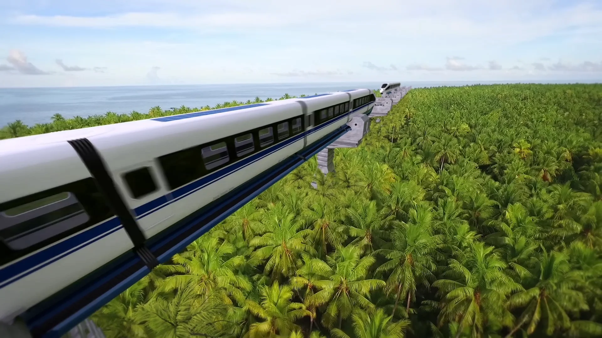 ETran concept vehicle traveling on elevated infrastructure over a green landscape
