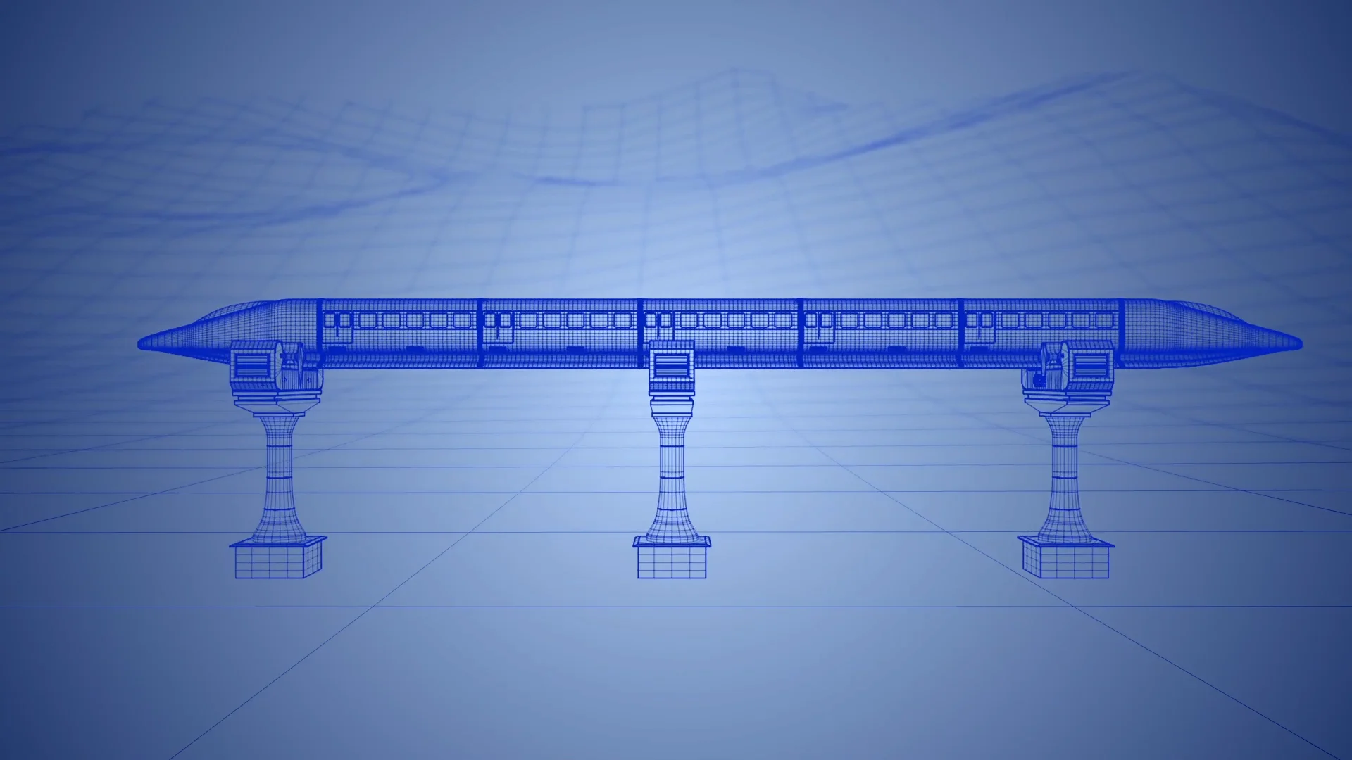 Wireframe concept illustrating a lightweight ETran vehicle supported by three stanchions