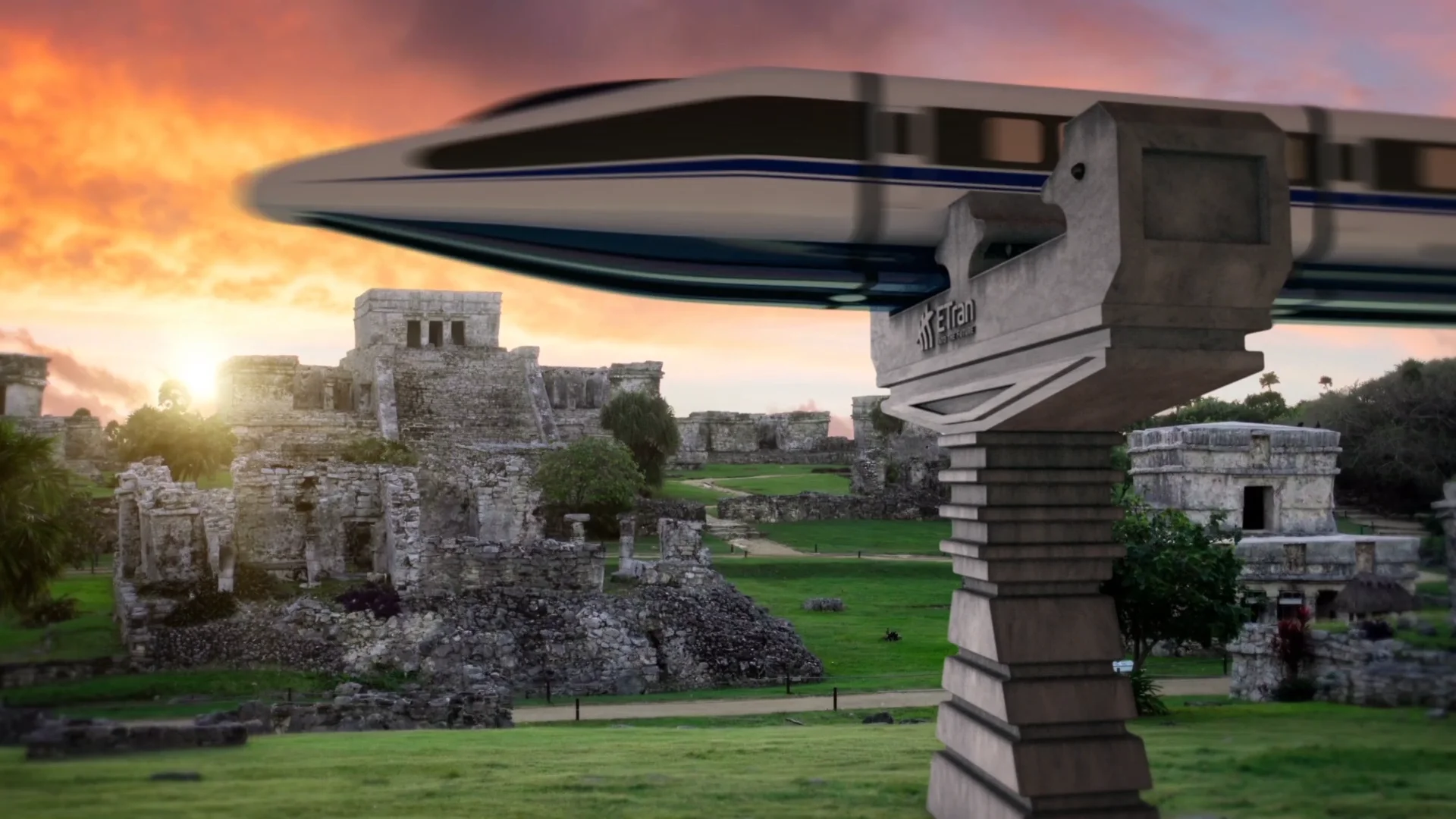 ETran concept vehicle elevated on stanchions above a tropical landscape at sunset